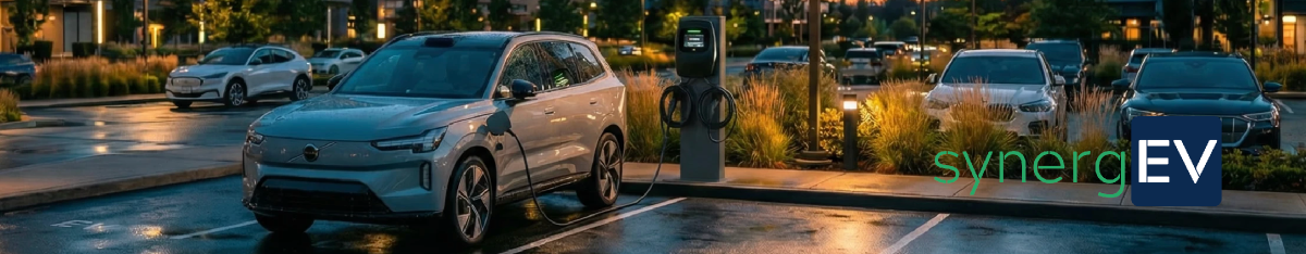 An EV charging at a synergEV station at dusk
